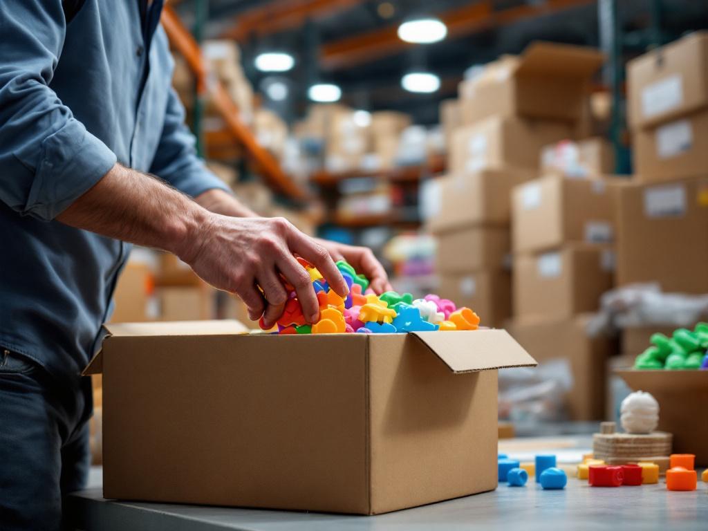 Hands reaching into a box of colourful products in a wholesale warehouse, packing crates stacked behind.